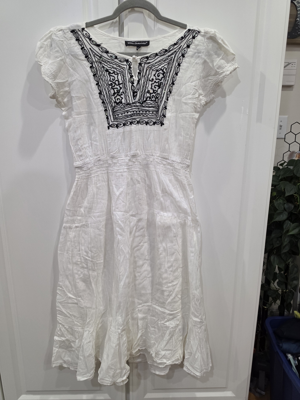 Mlle Gabrielle White Midi Dress with Black Embroidery